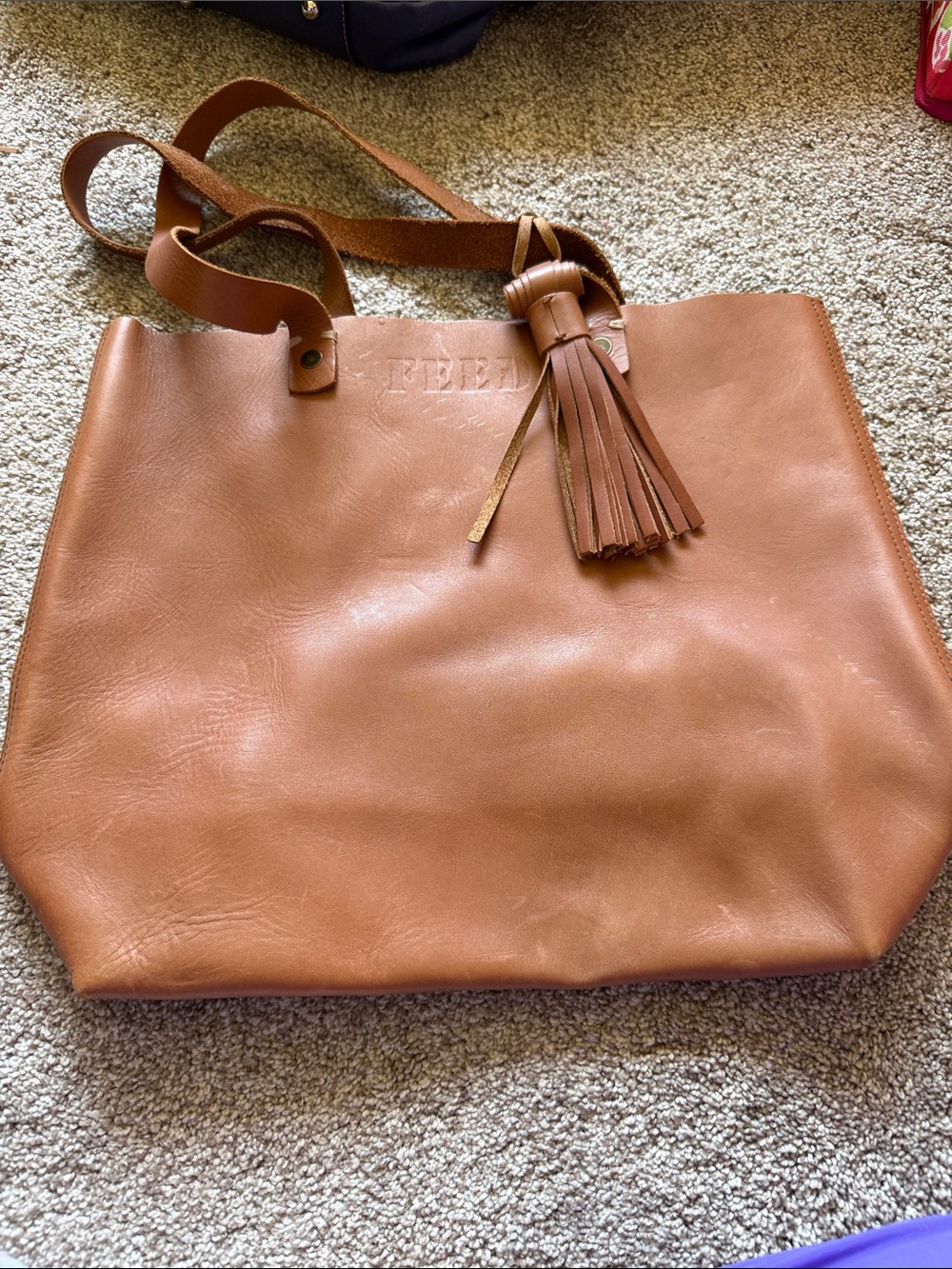 Women's Tan Leather Tote with Tassel Accent